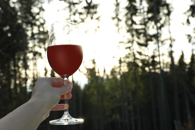 Vrouwelijke hand houdt glas wijn vast in bos