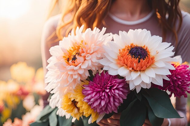 Foto vrouwelijke hand houdt mooi boeket ai generatief vast