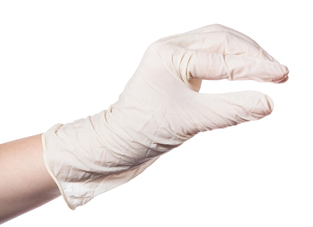 Vrouwelijke hand in latexhandschoen toont kleine maat
