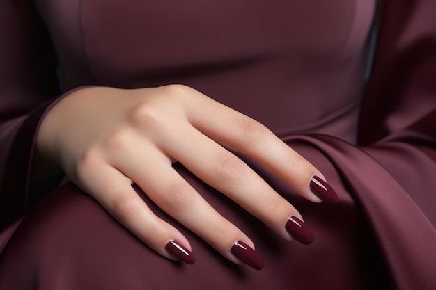 Vrouwelijke hand met bourgogne nagellak op haar nagels Bourgogne naellak met gel