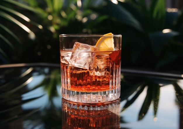 Vrouwelijke hand met glas met negroni of spritz cocktail op groene luxe tafel in de avondlounge