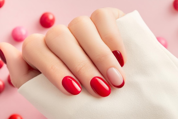 Vrouwelijke hand met manicure op roze achtergrond