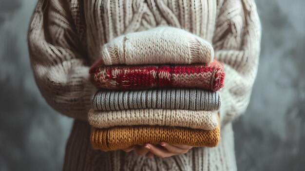 Vrouwelijke hand met meerdere paren truien