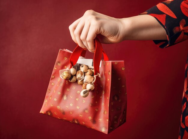 Vrouwelijke hand met rode stijl lederen handtas geïsoleerd