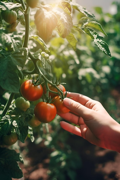 Vrouwelijke hand plukt verse rijpe rode tomaten op een tak in een kas