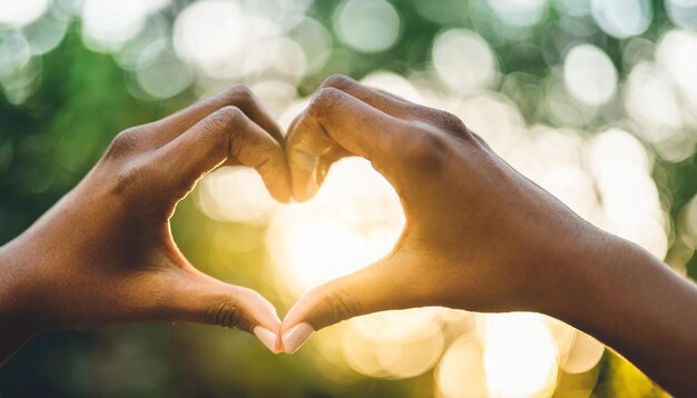 Vrouwelijke handen creëren een hartvorm tegen de stralende hemel die liefde, eenheid en verbinding symboliseert.