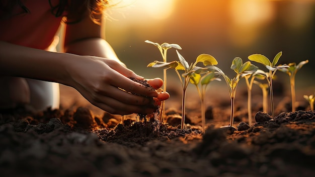 Vrouwelijke handen die de bodem voeden voor de groei van planten Landbouw tuinieren en ecologie concept Aanraken