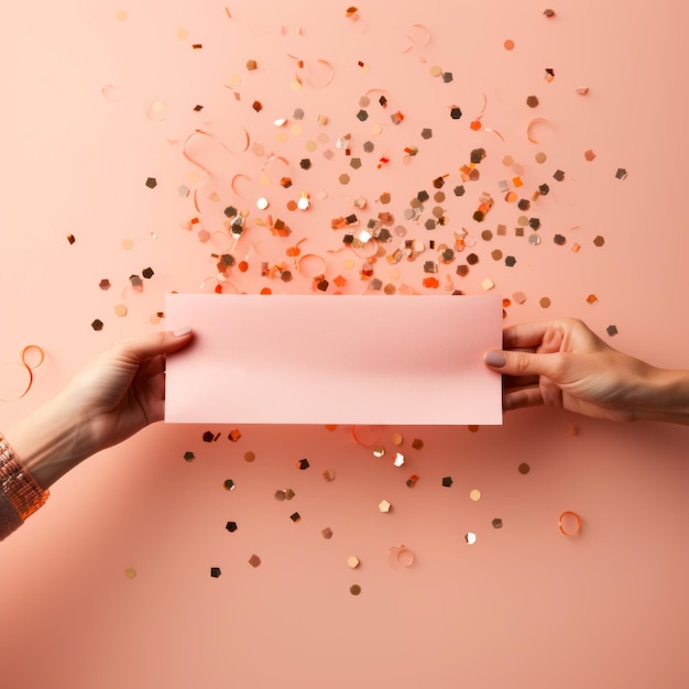 Vrouwelijke handen houden een papieren envelop op een achtergrond met veelkleurige confetti met lege ruimte