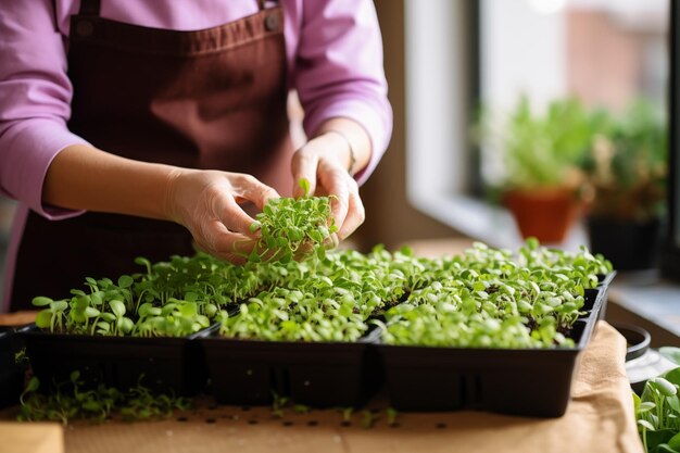 Vrouwelijke handen houden mosterd microgreen close-up groeiende microgreens