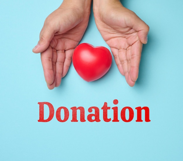 Foto vrouwelijke handen houden rood hart blauwe achtergrond liefde en donatie concept