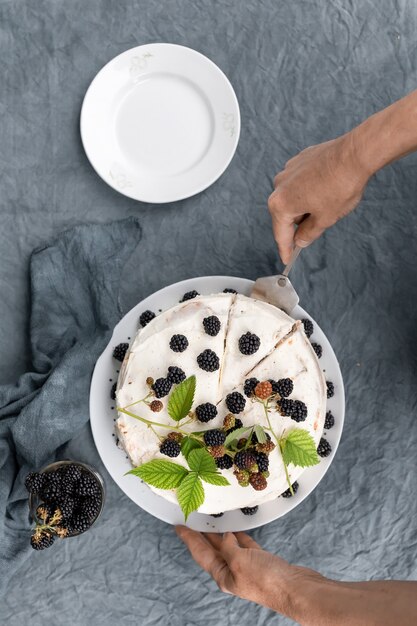 Vrouwelijke handen leggen een stuk zelfgemaakte cake met bramen op een schotel. Plat leggen.