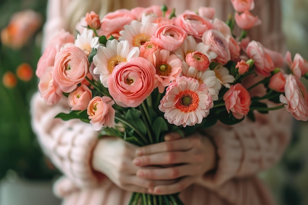 vrouwelijke handen met bloemen buiten ai gegenereerd