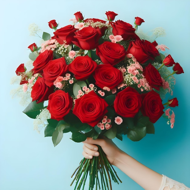 Vrouwelijke handen met een boeket mooie rode rozen op een gradiënt achtergrond