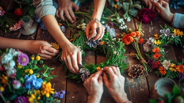 Foto vrouwelijke handen met een rode krans van bloemen