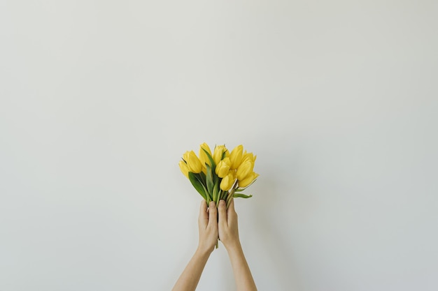 Vrouwelijke handen met gele tulp bloemen boeket op witte achtergrond Esthetische feestelijke Valentijn vakantie viering minimale bloemen concept