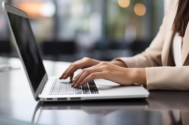 Vrouwelijke handen officemanager typen op laptop Close-up van handen op zwart toetsenbord Close-up van zakenvrouw typen op laptopcomputer