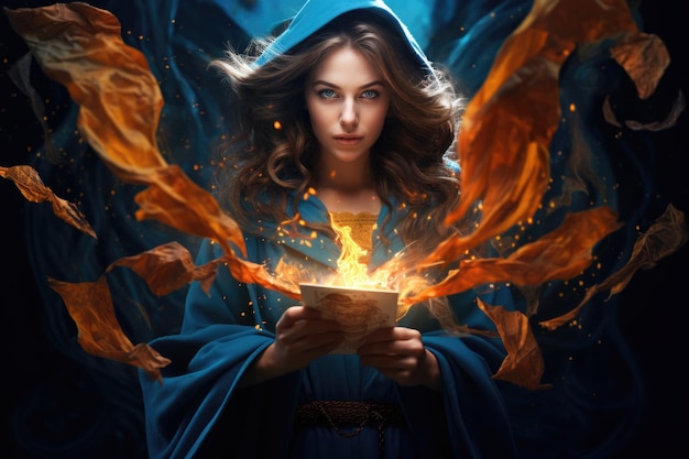 Vrouwelijke heks met een kap en een magisch boek die spreuken uitspreekt.
