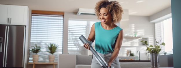 Vrouwelijke huisvrouw maakt haar huis schoon met een stofzuiger