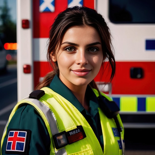 Foto vrouwelijke hulpverlener naast ambulance glimlachend