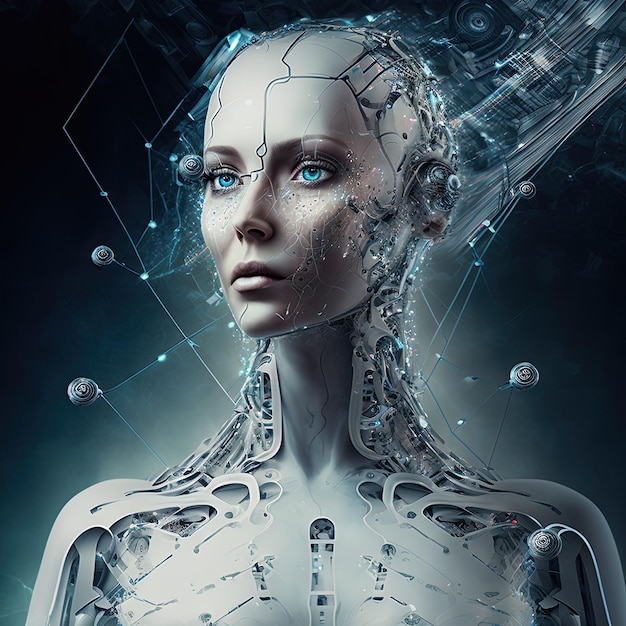 Vrouwelijke humanoïde robot met kunstmatige intelligentie Generatieve AI generatieve AI