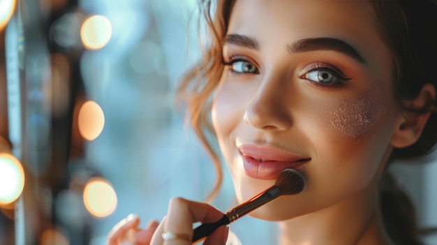 Vrouwelijke influencer die make-up op haar gezicht aanbrengt