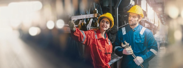 Vrouwelijke ingenieur en arbeider die apparatuur in de fabriek controleren op reparatie