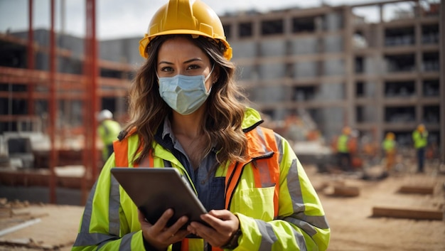 Vrouwelijke ingenieur in Full Gear op de bouwplaats met een tablet