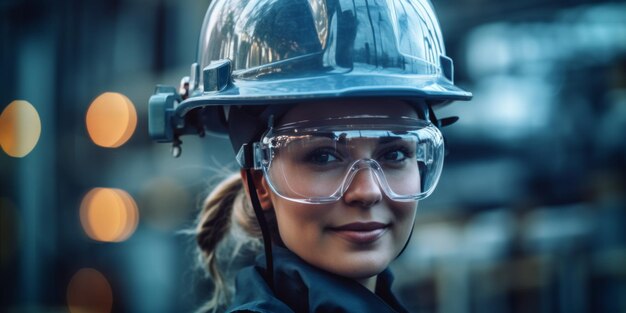 Foto vrouwelijke ingenieur tegen de achtergrond van een fabriek dubbele blootstelling generatieve ai