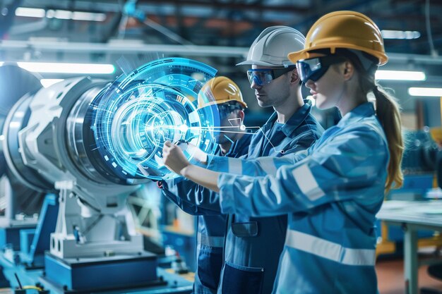 Foto vrouwelijke ingenieurs inspecteren machines in industriële fabrieken met ai