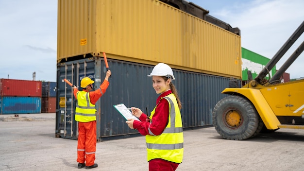 Vrouwelijke inspecteur-voorman die lading in containerlading controleert CustomTerminal-poort Foerman gebruikt klembordpapier voor het controleren van vrachtconcept import export transport en logistieke verzekeringsservice