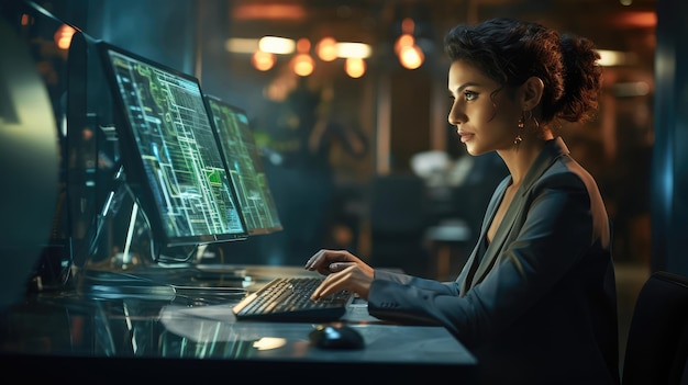Vrouwelijke IT-programmeur Werken met een futuristische computer