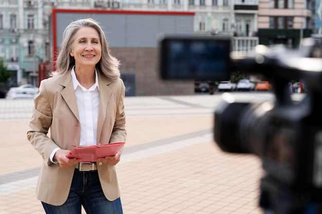 Foto vrouwelijke journalist die buitenshuis werkt