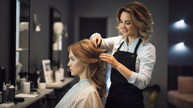 Vrouwelijke kapper die een kapsel maakt voor een roodharige vrouw in een schoonheidssalon