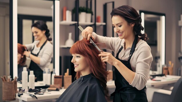 Vrouwelijke kapper die glimlacht en haarstyling maakt voor een roodharige vrouw in een schoonheidssalon