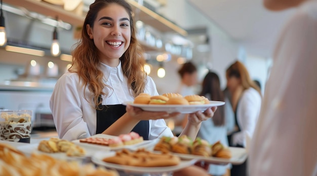 Vrouwelijke kelner die snacks serveert bij een zakelijk evenement of feest tijdens een koffiebreuk
