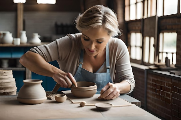 Foto vrouwelijke keramiekmaker die een beker maakt in de studio vrouw die met klei werkt tijdens een pottenbakkerij masterclass