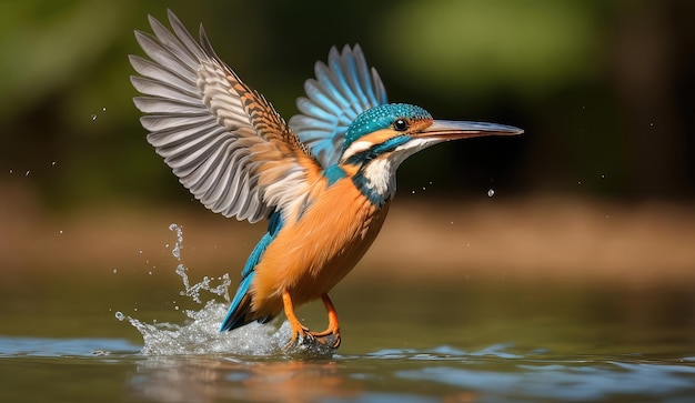 Vrouwelijke Kingfisher die uit het water komt na een mislukte poging om een vis te vangen.