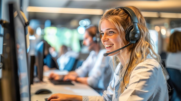 Vrouwelijke klantenserviceoperator met een headset en glimlachend naar het computerscherm