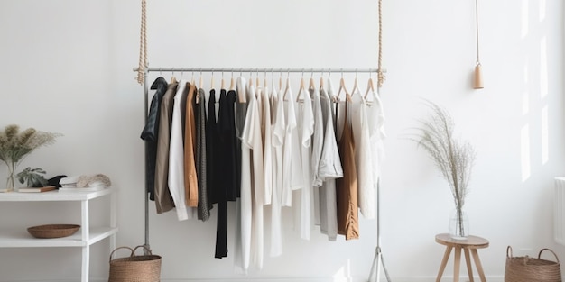 Vrouwelijke kleding op hangers in witte kamer