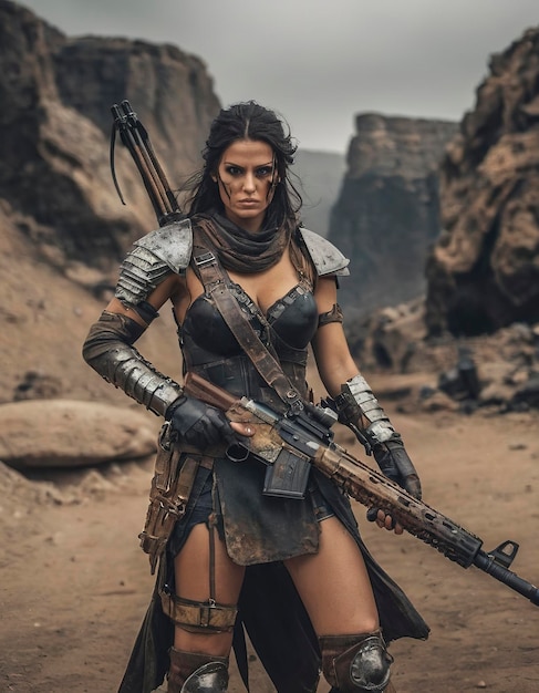 Vrouwelijke krijger Apocalyptische krijger Dwaal door het post-apocalyptische landschap als een eenzame en bekwame krijger