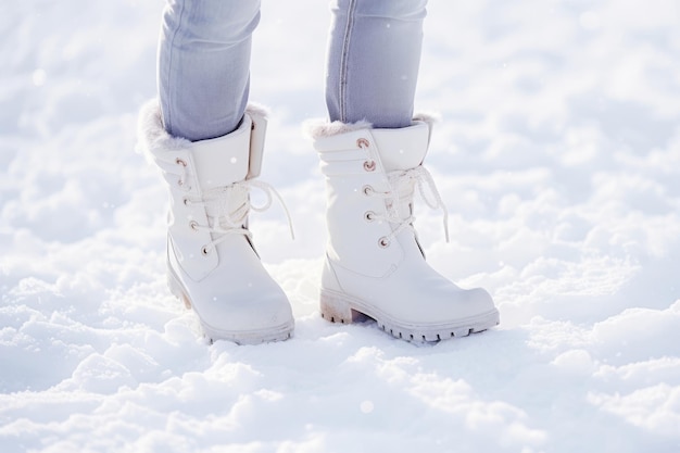 Vrouwelijke laarzen in de sneeuw Vrouwelijke benen met witte laarzen in diepe sneeuw Winter achtergrond Generatieve AI illustratie