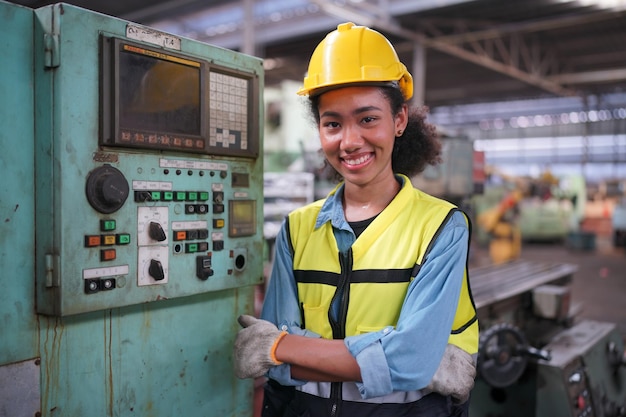 Vrouwelijke leerling in metaalbewerkingsfabriek, portret van werkende vrouwelijke industrie technische arbeider of ingenieur vrouw die werkt in een industrieel fabrieksbedrijf.