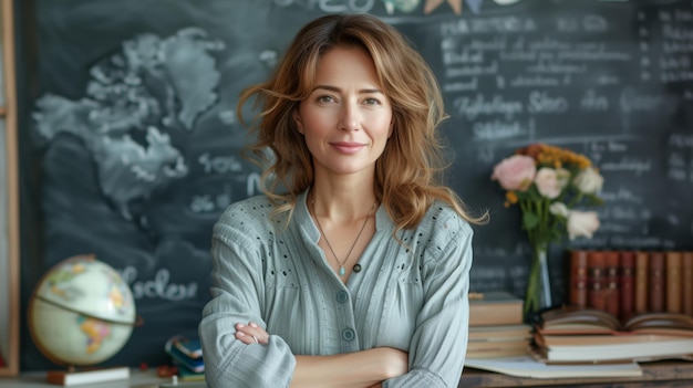 Vrouwelijke lerares op de achtergrond van een schoolbestuur en AI-generatie in de klas