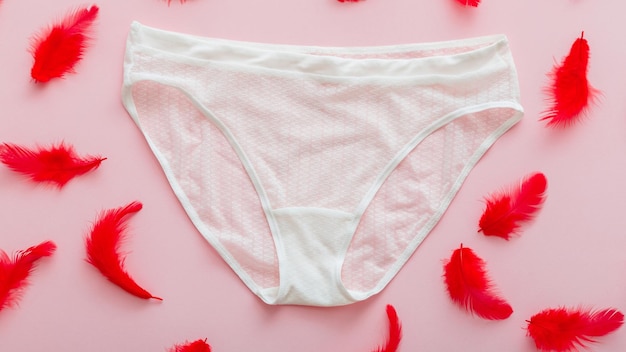 Foto vrouwelijke lingerie witte vrouwen pantie omringd door rode zachte veren op roze kleur menstruatiecup