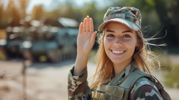 Foto vrouwelijke militaire officier zwaait naar de camera