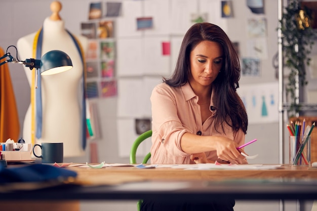 Vrouwelijke modeontwerper In Studio bezig met schetsen en ontwerpen aan balie