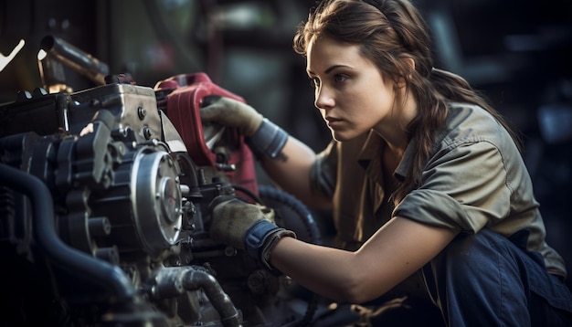 Vrouwelijke monteur die aan de motor werkt in een auto-garage