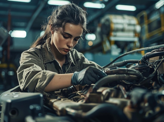 Vrouwelijke monteur die aan een auto-motor werkt in een werkplaats