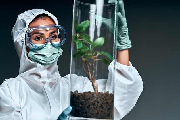 Vrouwelijke onderzoeker in beschermende werkkleding met groene zaailingen van nieuwe soorten tuinbouwgewassen