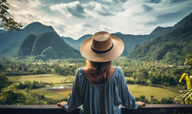 Vrouwelijke ontdekkingsreiziger met hoed die adembenemend berglandschap Ai generatief bewondert